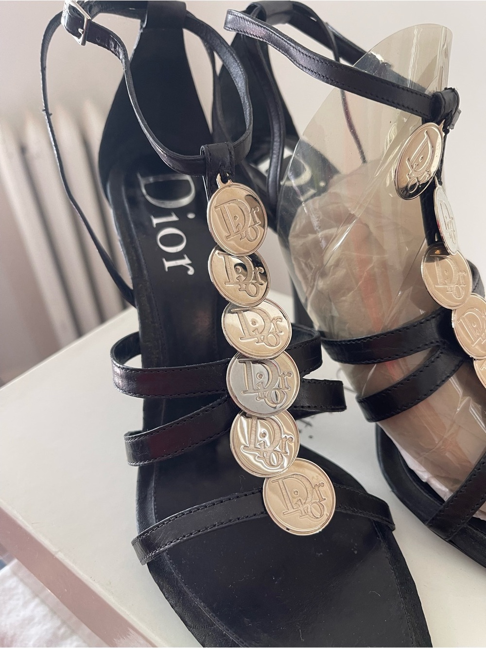 Dior Black Leather T-Strap Heels with Silver Logo Medallions